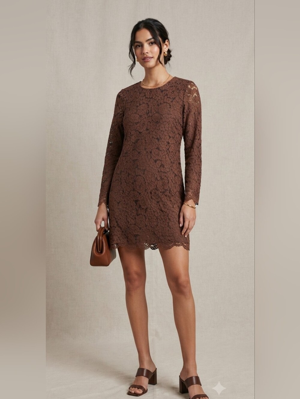 H&M Long‎ Sleeve Lace Mini Dress Brown  Size 8